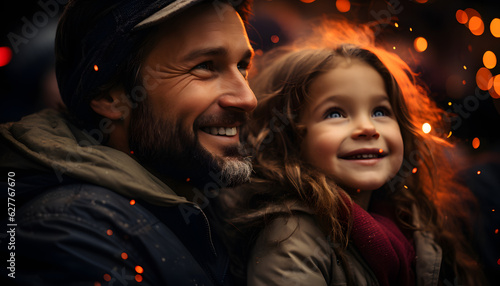 Father and daughter smiling enjoyinh a firework display 