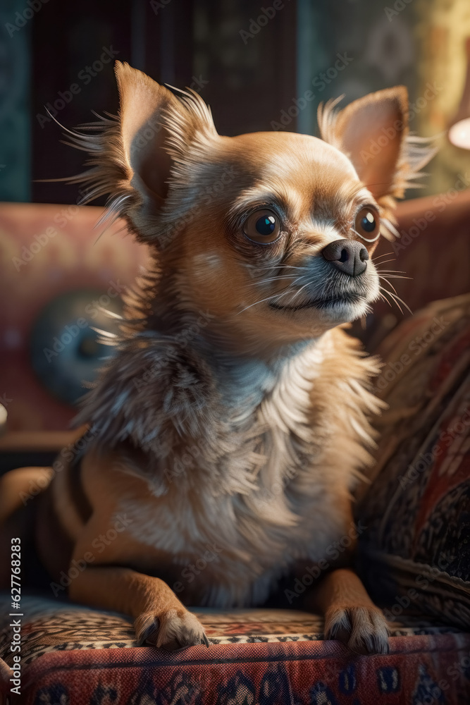 Chihuahua dog lying on couch looking away