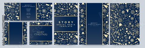 Set of Gold and Blue Christmas Card Poster Templates, greeting cards, poster, banner layouts. Golden Decorative Christmas design templates. Luxurious xmas mock ups. Editable vector Illustration.