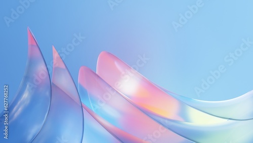 Foto Abstract 3d render light blue wavy emitter glass with multi color gradient on blue background