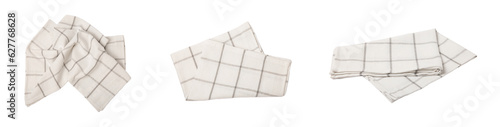 Kitchen towel isolated on white background. Cotton napkin for a picnic.Food decor. Crumpled towel. Textile napkin. home textiles. Folded cloth. Food serving design element. Square napkin. Design