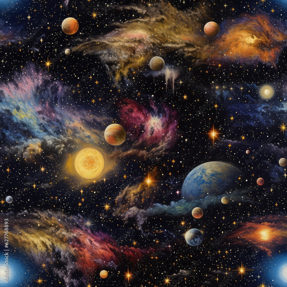 Celestial Wonders, Cosmic Seamless Pattern - Artistic Backgrounds for Fabric and Creative Wallpaper