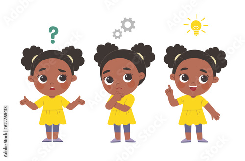 kid thinking and search for idea process. Girl posing question and inspiration.