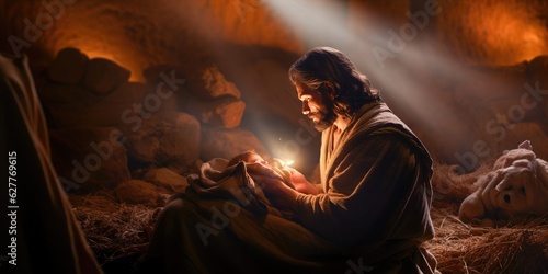 Cinematic birth of Jesus Christ. The Holy Family, Jesus, Mary and Joseph. Generative AI.