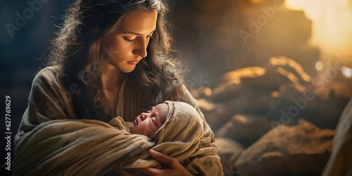 Cinematic birth of Jesus Christ. The Holy Family, Jesus, Mary and Joseph. Generative AI.