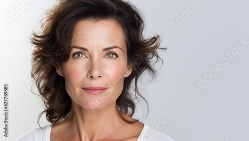 Beautiful elderly woman looking at the camera on a light background, brunette.