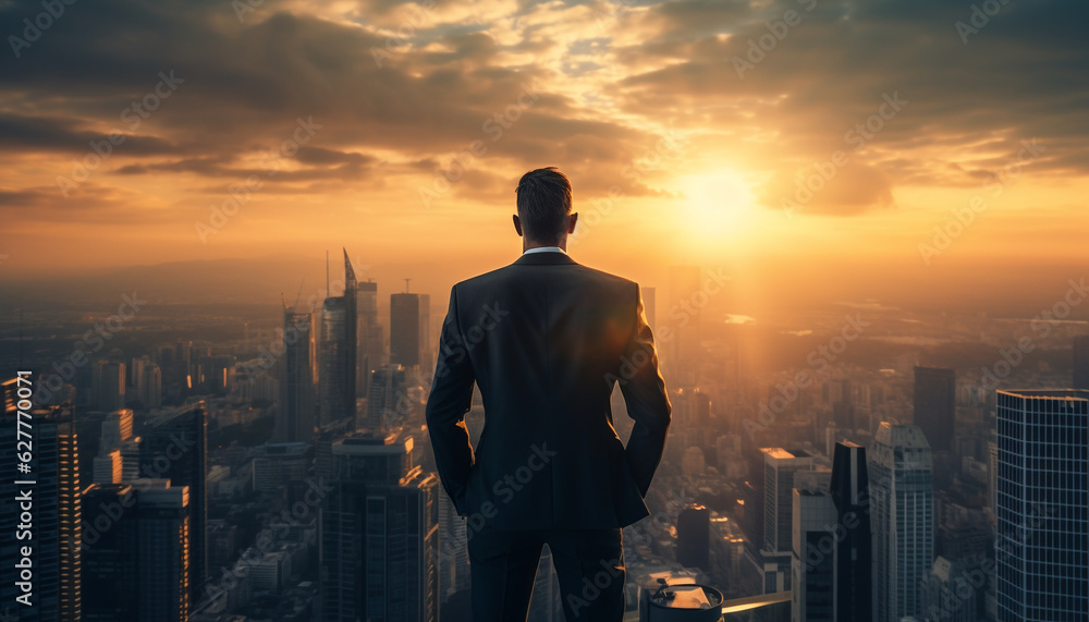 Fototapeta premium businessman on top of skyscraper and view cityscape at sunset, made with Generative AI