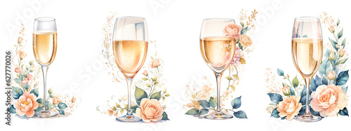 Collection of champagne glass with floral adorn, painted in watercolor style, illustration isolated on a transparent background for wedding invitation or greeting card