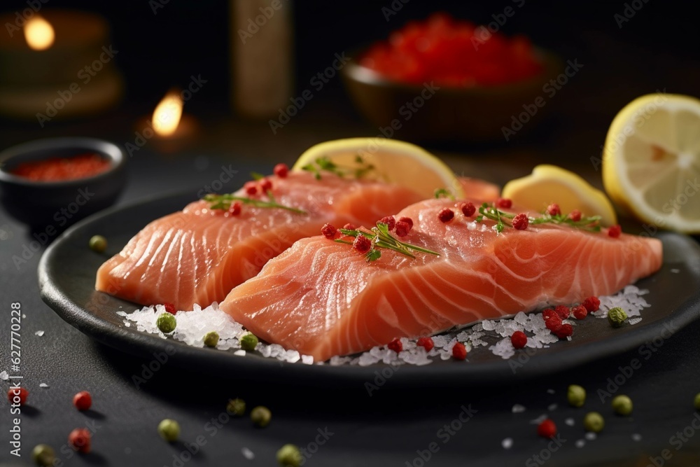 Salmon fillet with sauce and vegetables on a white plate