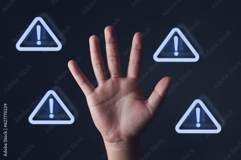 Businessman or employee with warning triangle sign for warning error Hack Alert System Warning cyber attack
Businessman or employee with warning triangle sign for warning error Hack Alert System Warning cyber attack