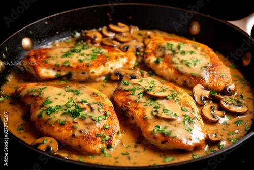 Roasted chicken fillet with champignon mushrooms and parsley