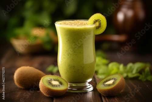 Kiwi smoothie in a glass on a wooden background