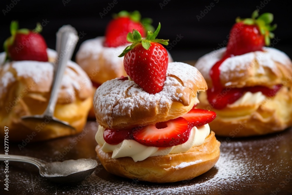 Strawberry cake with whipped cream and fresh strawberries on wooden background Strawberry cake with whipped cream and fresh strawberries on wooden background