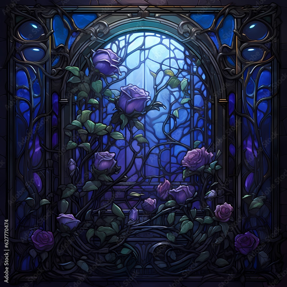 a stained glass frame with purple roses