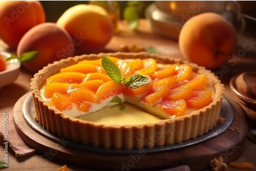 Delicious tartlets with peaches on grey table, closeup