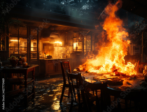 Fire burning on the table outdoors. Open air restaurant in the fire at night. Generative AI.
