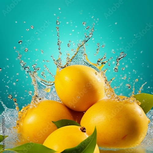 Mango fruit with water splash on yellow background. Healthy food.