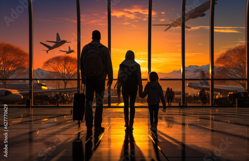 Family of three standing at the window inside the airport. Parents and their child look at the flying planes at sunset. Generative AI.