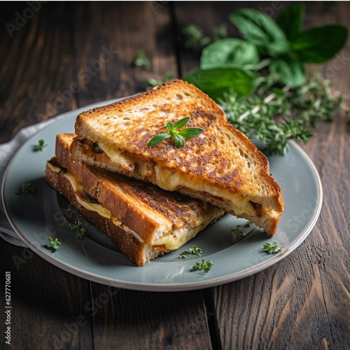 Grilled toast with cheese and herbs on a wooden background. Selective focus