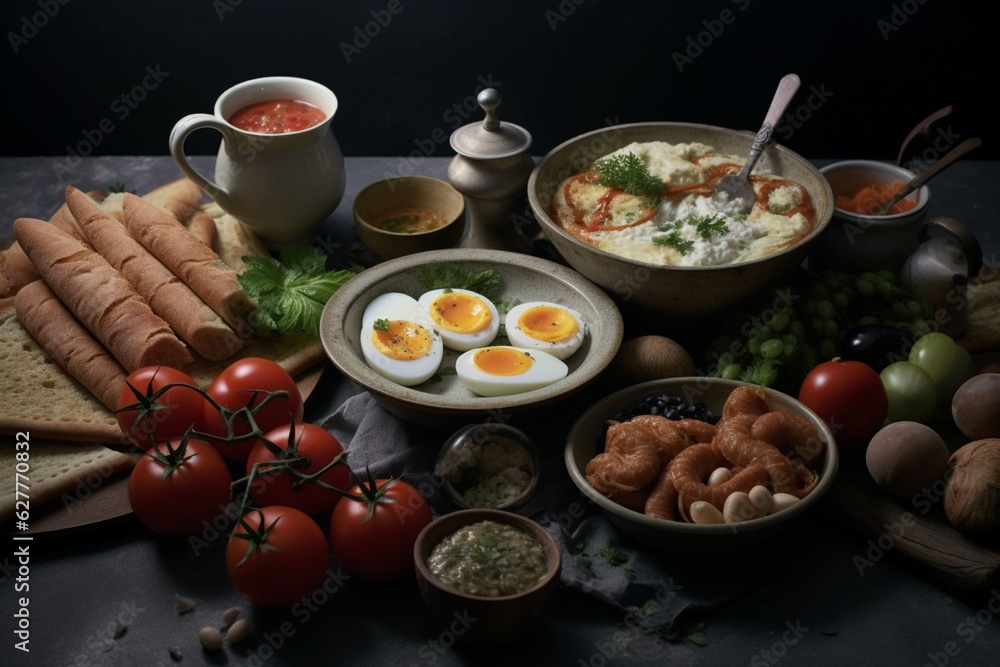 Breakfast set with fried eggs, bread and vegetables on dark background