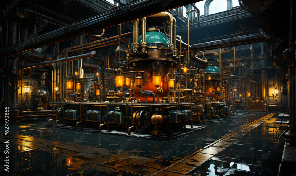 Old times plant with multiple pipelines. Interior of the century old factory lit with lanterns. Generative AI.