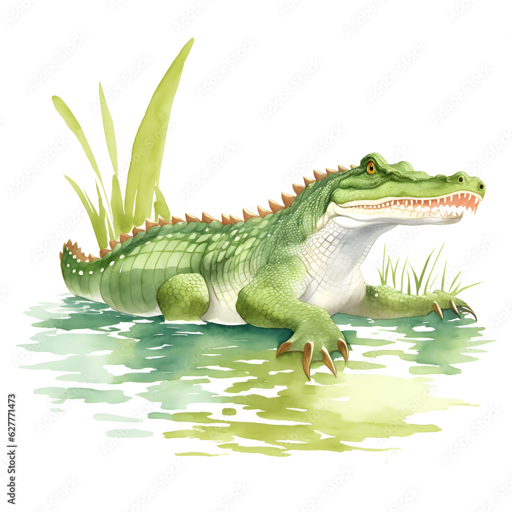 Obraz premium Crocodile in cartoon style. Cute Little Cartoon Crocodile isolated on white background. Watercolor drawing, hand-drawn Crocodile in watercolor. For children's books, for cards, 