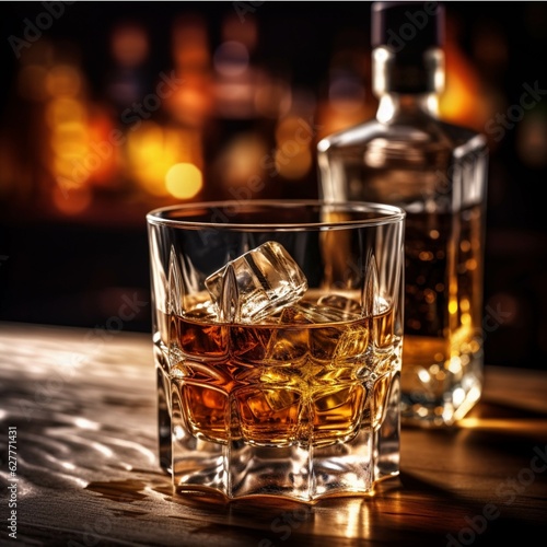 Whiskey on the rocks with ice cubes on a dark background
