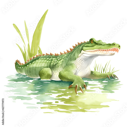 Crocodile in cartoon style. Cute Little Cartoon Crocodile isolated on white background. Watercolor drawing  hand-drawn Crocodile in watercolor. For children s books  for cards  