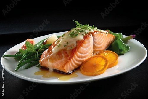 Salmon fillet with sauce and vegetables on a white plate