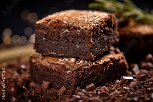 Chocolate brownies with rosemary on a wooden background. Selective focus