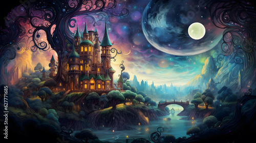 Illuminated 3d fantasy fairytale dreamland, future, science, surreal, moon, city, ghost, dark  © chui