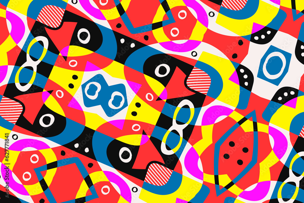 Naklejka premium Modern contemporary trendy illustration. Abstract hand drawn background with different color geometric objects. Minimal style composition. Abstract color trendy shapes. Banner and poster design.