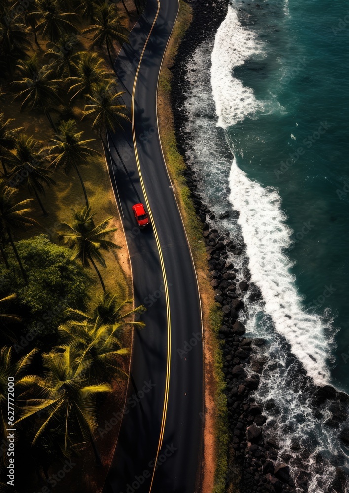 Aerial view on road with red car, sea and palms. Summer travel concept. Wallpaper.