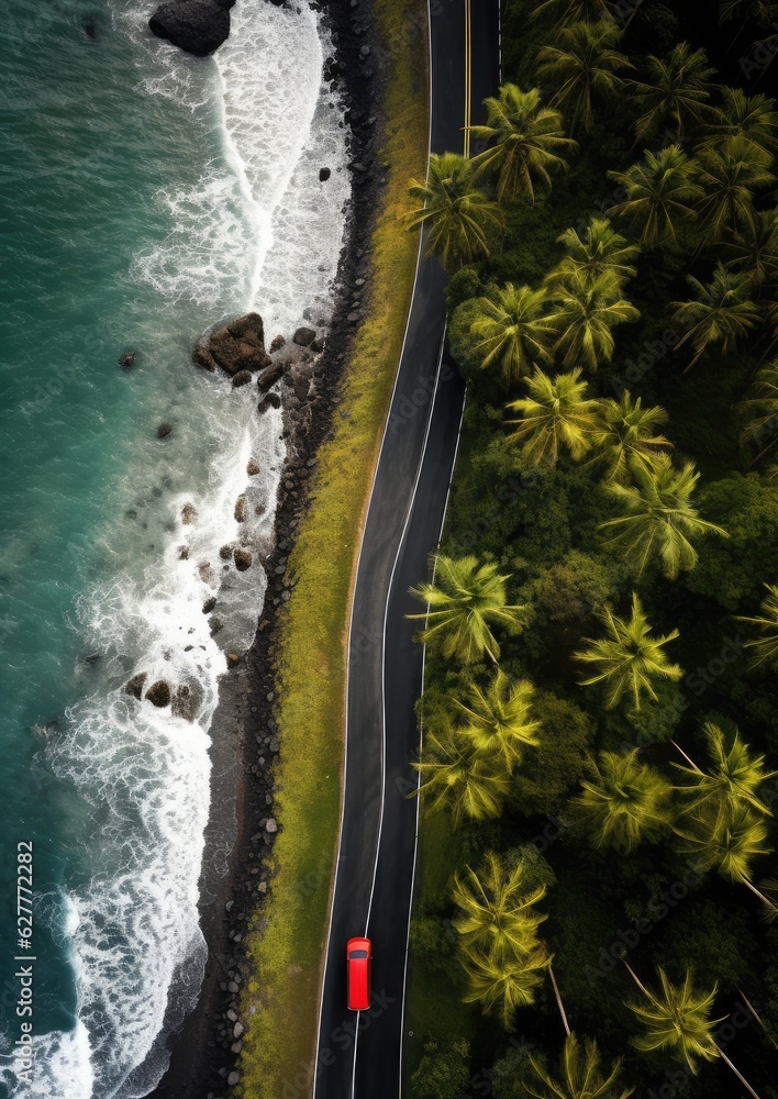 Aerial view on road with red car, sea and palms. Summer travel concept. Wallpaper.