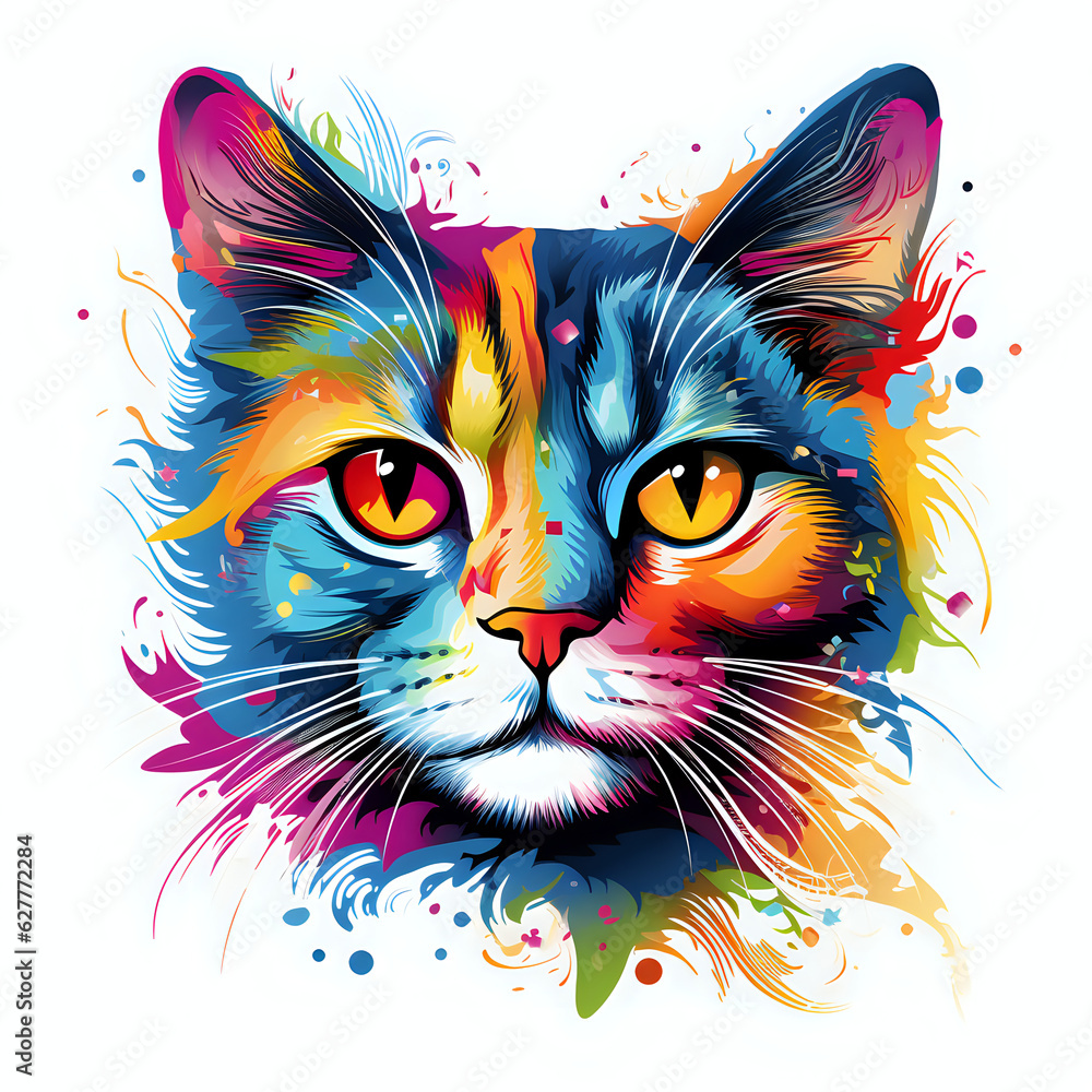 Cat colorful Comic style, White Background, highly detailed, for tshirt