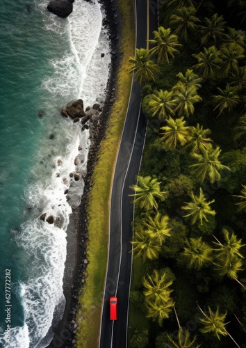 Aerial view on road with red car  sea and palms. Summer travel concept. Wallpaper.