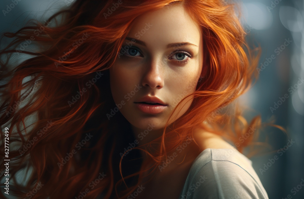 A beautiful woman with red hair and blue eyes. AI generative. A beautiful woman with red hair and blue eyes. AI generative.