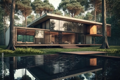 3d rendered premium residential villa with pool and green surroundings generative ai