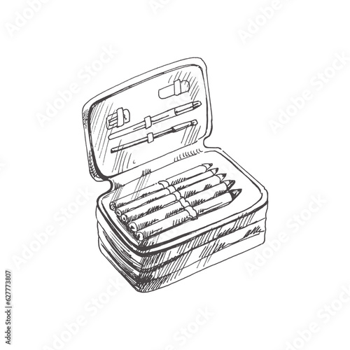 Vector hand-drawn school and office supplies Illustration. Detailed retro style school pencil case sketch. Vintage sketch element. Back to School. School essential illustration.
