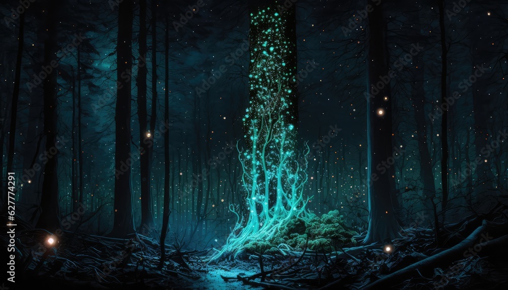 magical dark space forest wallpaper with delusion and illusion effect generative ai