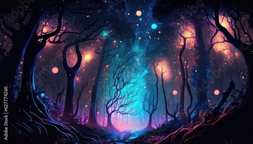 Fotografija anime magical space forest wallpaper with delusion and illusion effect generativ
