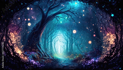 starry and magical night space forest landscape for imaginary realm generative ai