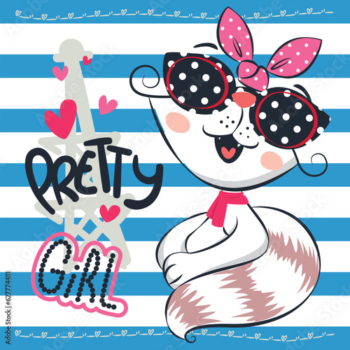 Cartoon cat girl smiling wearing sunglasses and pink bow headband in paris on striped background illustration vector.