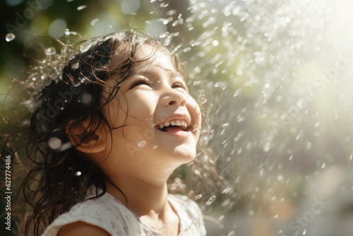 Smiling girl with water splashing