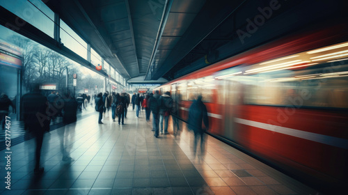 A bustling city subway station, blur of people getting on and off the train. Generative AI