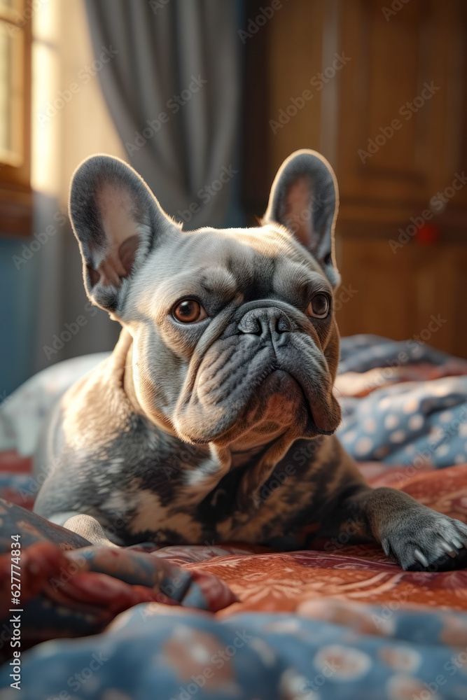 French Bulldog dog lying on bed looking away