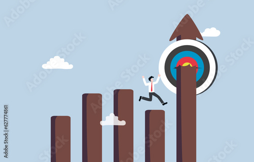 Surpassing sales target, great success in generating revenue for the company, business growth concept, Businessman celebrating after bar graph break through target.
