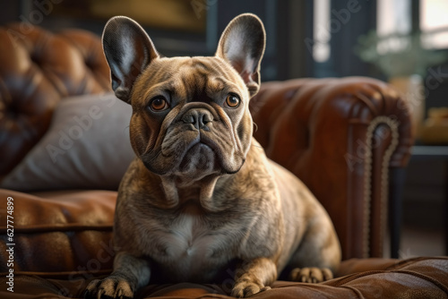 French Bulldog dog lying on couch looking forward © Atomic Baker Design