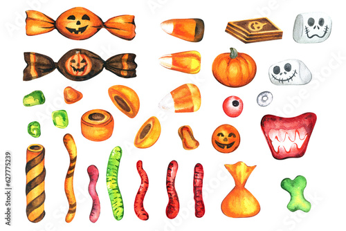 Watercolor Halloween Candy. Sweets on the White Background. Halloween Sweets