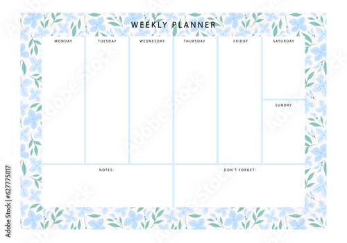 weekly planner template with soft blue floral background